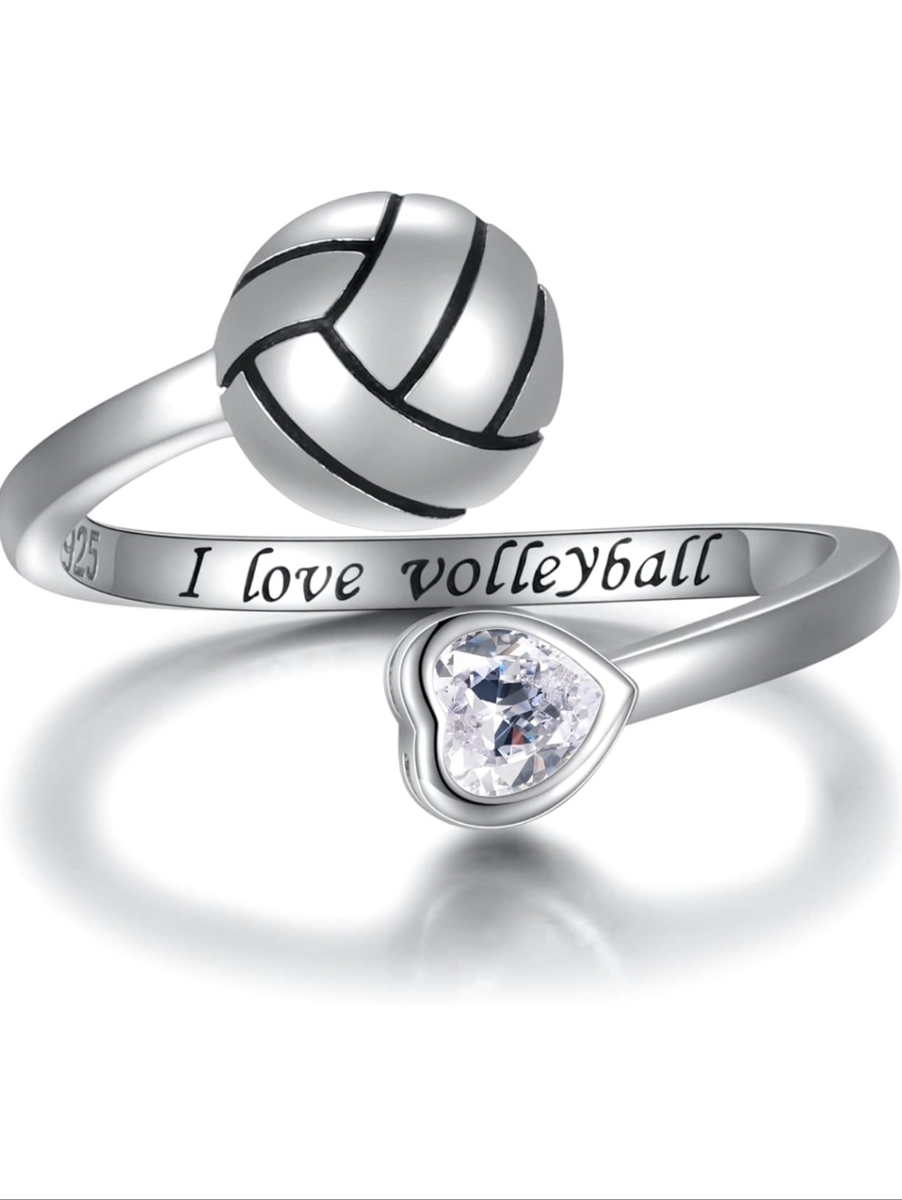 I Love Volleyball Silver Ring with Heart Cubic Zirconia